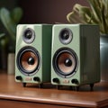 Hyper-realistic Green Speakers On Wood Table: Swiss Style With Charming Character Illustrations Royalty Free Stock Photo