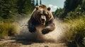 Hyper-realistic Grizzly Bear Running In A Forest: Explosive Wildlife Art