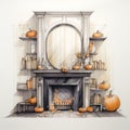 Hyper-realistic Hand Drawn Halloween Fireplace Illustration