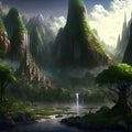 Hyper-realistic illustration of castle and mossy mountains by a river waterfall under cloudy sky