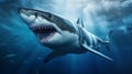 Hyper-realistic Illustration Of A Massive White Shark In Blue Water