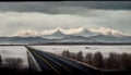 Hyper-realistic illustration of a road through a snowy field with the mountains in the background.