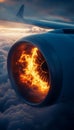 Hyper realistic image of airplane engine on fire against a blue and white sky background Royalty Free Stock Photo