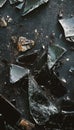 Hyper realistic image of broken glass shards on dark surface with softbox lighting enhancing texture Royalty Free Stock Photo