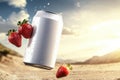 Hyper-realistic soda can with fresh strawberries splashing in vibrant natural setting