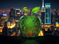 hyper-realistic image of a futuristic apple with a circuit board pattern and toadies glass effect, set against a vibrant cityscape Royalty Free Stock Photo