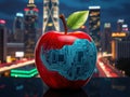 hyper-realistic image of a futuristic apple with a circuit board pattern and toadies glass effect, set against a vibrant cityscape Royalty Free Stock Photo