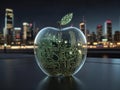 hyper-realistic image of a futuristic apple with a circuit board pattern and toadies glass effect, set against a vibrant cityscape Royalty Free Stock Photo