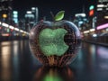 hyper-realistic image of a futuristic apple with a circuit board pattern and toadies glass effect, set against a vibrant cityscape Royalty Free Stock Photo