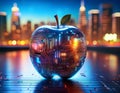 hyper-realistic image of a futuristic apple with a circuit board pattern and toadies glass effect, set against a vibrant cityscape Royalty Free Stock Photo