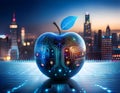hyper-realistic image of a futuristic apple with a circuit board pattern and toadies glass effect, set against a vibrant cityscape Royalty Free Stock Photo