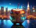 hyper-realistic image of a futuristic apple with a circuit board pattern and toadies glass effect, set against a vibrant cityscape Royalty Free Stock Photo