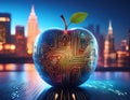 hyper-realistic image of a futuristic apple with a circuit board pattern and toadies glass effect, set against a vibrant cityscape Royalty Free Stock Photo