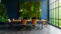 A hyper realistic image of a modern startup workspace with a communal table