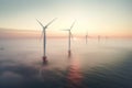 A hyper realistic image of renewable energy windturbines at sea during a misty morning from a drone point of view