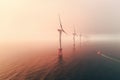 A hyper realistic image of renewable energy windturbines at sea during a misty morning from a drone point of view