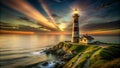 A hyper realistic image of a seascape and a lighthouse