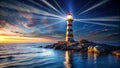 A hyper realistic image of a seascape and a lighthouse