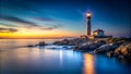 A hyper realistic image of a seascape and a lighthouse