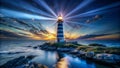 A hyper realistic image of a seascape and a lighthouse