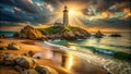 A hyper realistic image of a seascape and a lighthouse