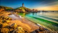 A hyper realistic image of a seascape and a lighthouse