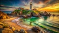 A hyper realistic image of a seascape and a lighthouse
