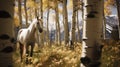 Hyper Realistic Image Of A White Horse Feeding In Aspen Tree Grove