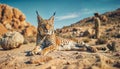 Wild Lynx Resting in Desert Landscape,Tranquil Moment in Harsh Terrain Royalty Free Stock Photo