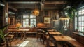 Hyper realistic italian trattoria with rustic charm, warm lighting, and wooden tables