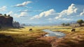 Hyper-realistic Landscape Illustration: Majestic Elephants In Prairiecore Style