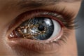 A hyper-realistic macro image of a human eye enhanced with cybernetic technology, showcasing futuristic vision and bioengineering Royalty Free Stock Photo