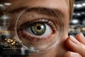 A hyper-realistic macro image of a human eye enhanced with cybernetic technology, showcasing futuristic vision and bioengineering Royalty Free Stock Photo