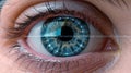 macro human eye with biometric iris scan and digital binary code data overlay Royalty Free Stock Photo
