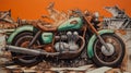 Hyper-realistic Motorcycle Graffiti With Dark Orange And Light Emerald