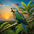 Hyper realistic nature scenery capturing ultra zoom close up of a parrot in greenary