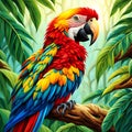 Hyper realistic nature scenery capturing ultra zoom close up of a parrot in greenary
