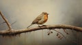 Hyper-realistic Oil Painting: Robin Perched On Branch With Berries Royalty Free Stock Photo