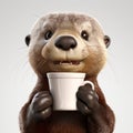 Hyper-realistic Otter With Coffee Mug: Unreal Engine Style Rendering