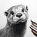 Hyper-realistic Otter Portrait Tattoo Drawing In Black And White