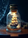 A small ship in a storm inside a bottle.Generative AI