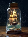 A small ship in a storm inside a bottle.Generative AI