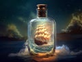 A small ship in a storm inside a bottle.Generative AI