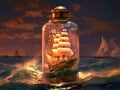 A small ship in a storm inside a bottle.Generative AI