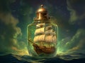 A small ship in a storm inside a bottle.Generative AI