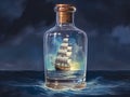 A small ship in a storm inside a bottle.Generative AI