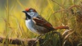 Hyper-realistic Painting Of A Brown Beard Bird On A Grass Branch