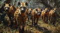 Hyper realistic painting of hyenas in pack with detailed facial features and realistic lighting