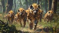 Hyper realistic painting of hyenas in pack habitat with detailed features and realistic lighting