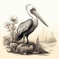 Hyper-realistic Pelican Illustration With Crosshatched Shading